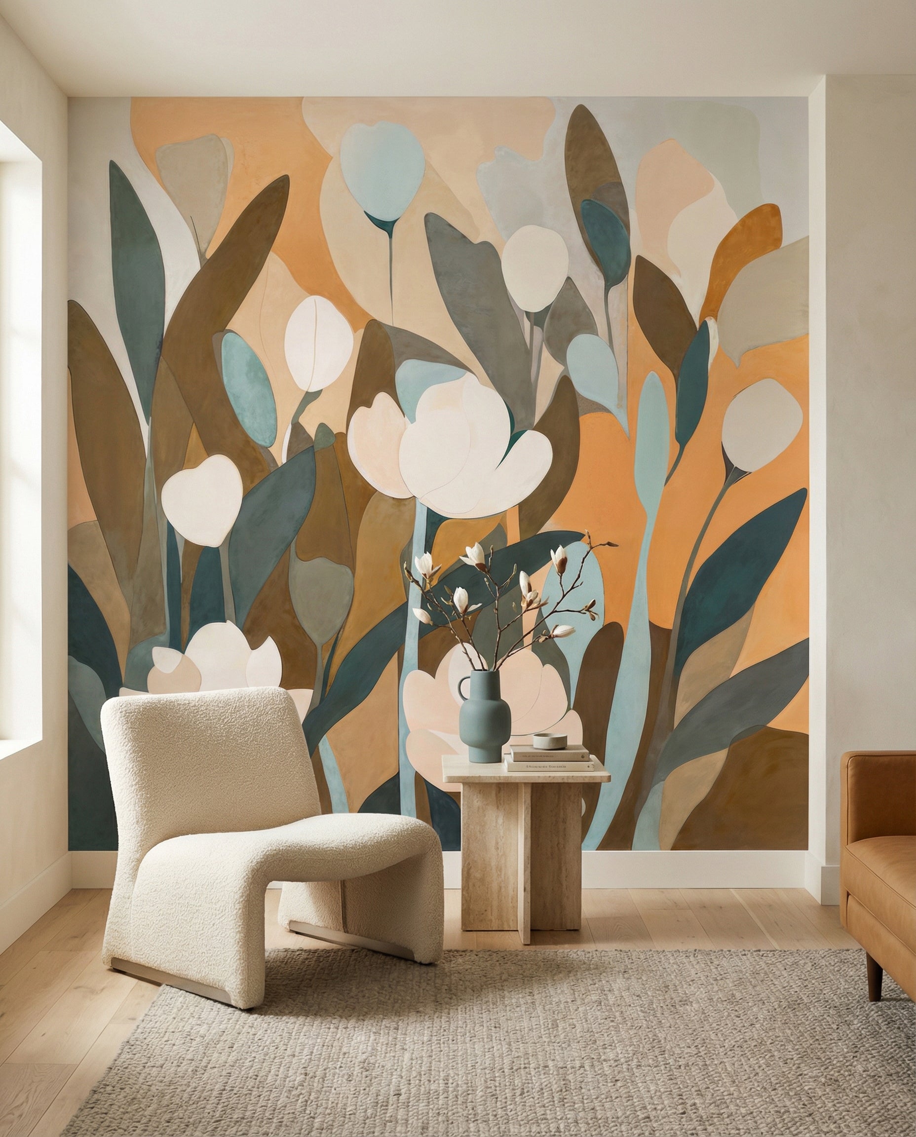 Soft white blossoms wall mural against amber and ochre gradient background., GD10362