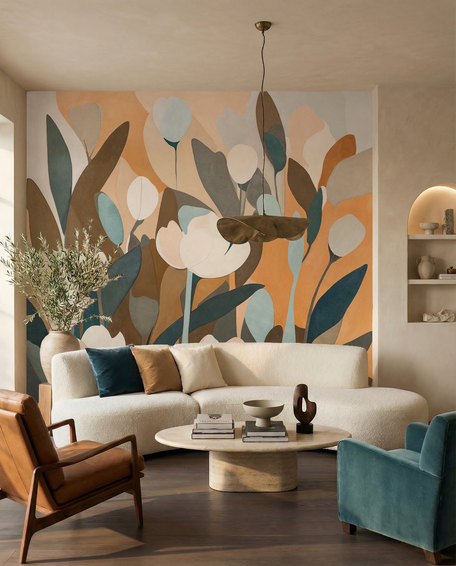 Contemporary floral wall mural with simplified petal and leaf shapes in living room., GD10362
