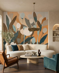 Contemporary floral wall mural with simplified petal and leaf shapes in living room., GD10362