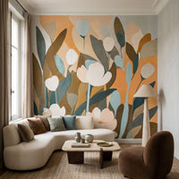 Earthy meadow mural with layered blooms in peach brown and blue tones., GD10362