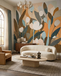 Warm earthy toned floral wall mural with overlapping broad foliage in hallway., GD10362