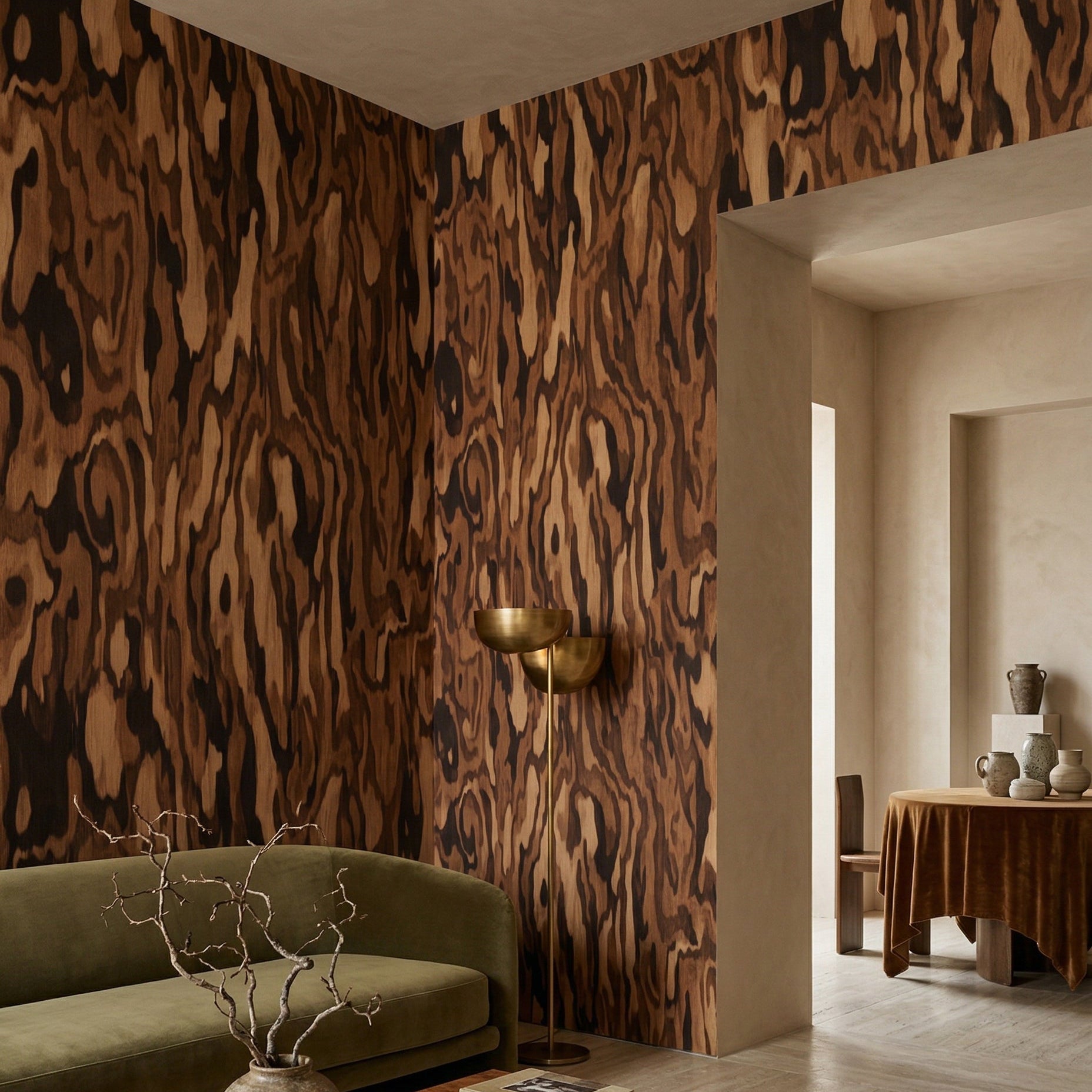 Abstract organic grain wall mural with warm tonal brown depth., GD10374