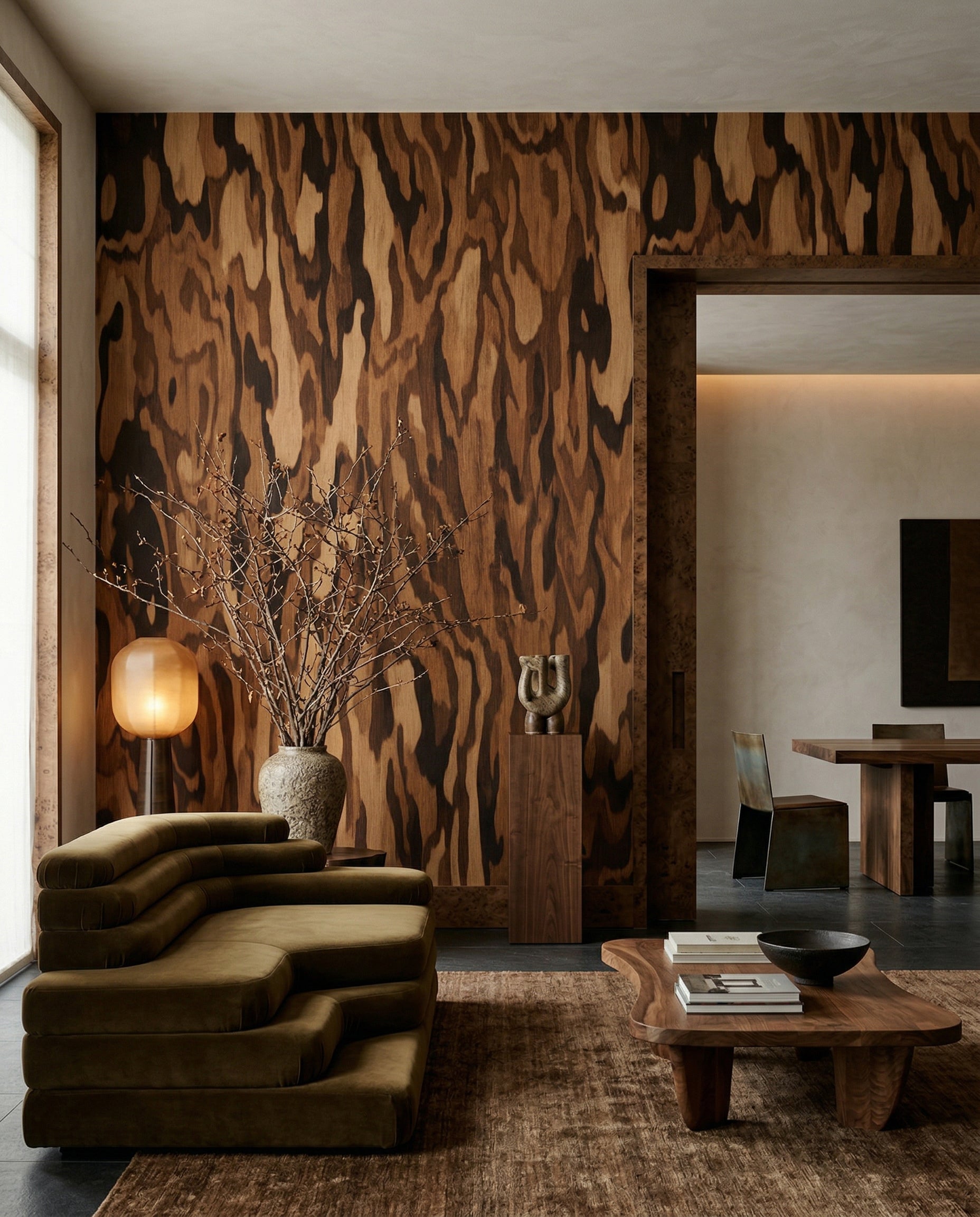 Walnut burl wood texture mural in layered honey and brown shades., GD10374
