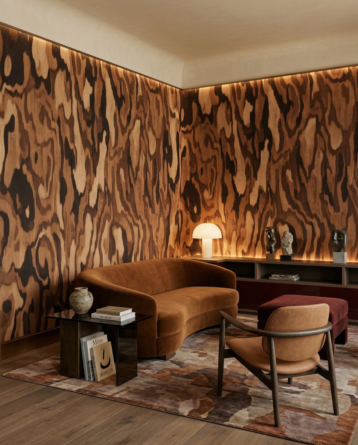 Flowing walnut grain mural with natural amber colour variations in living area., GD10374