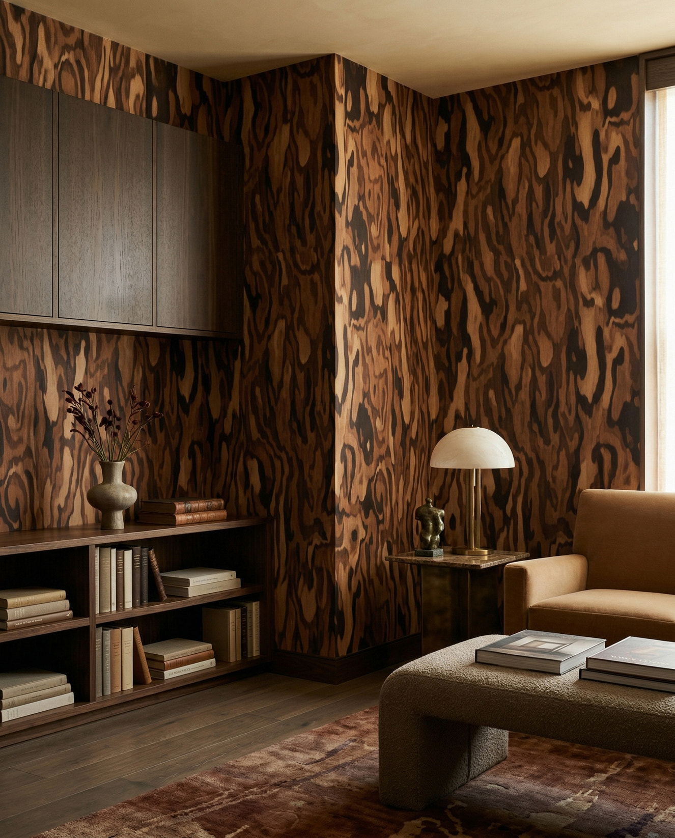 Ettore Walnut wall mural with flowing grain in a hallway interior.