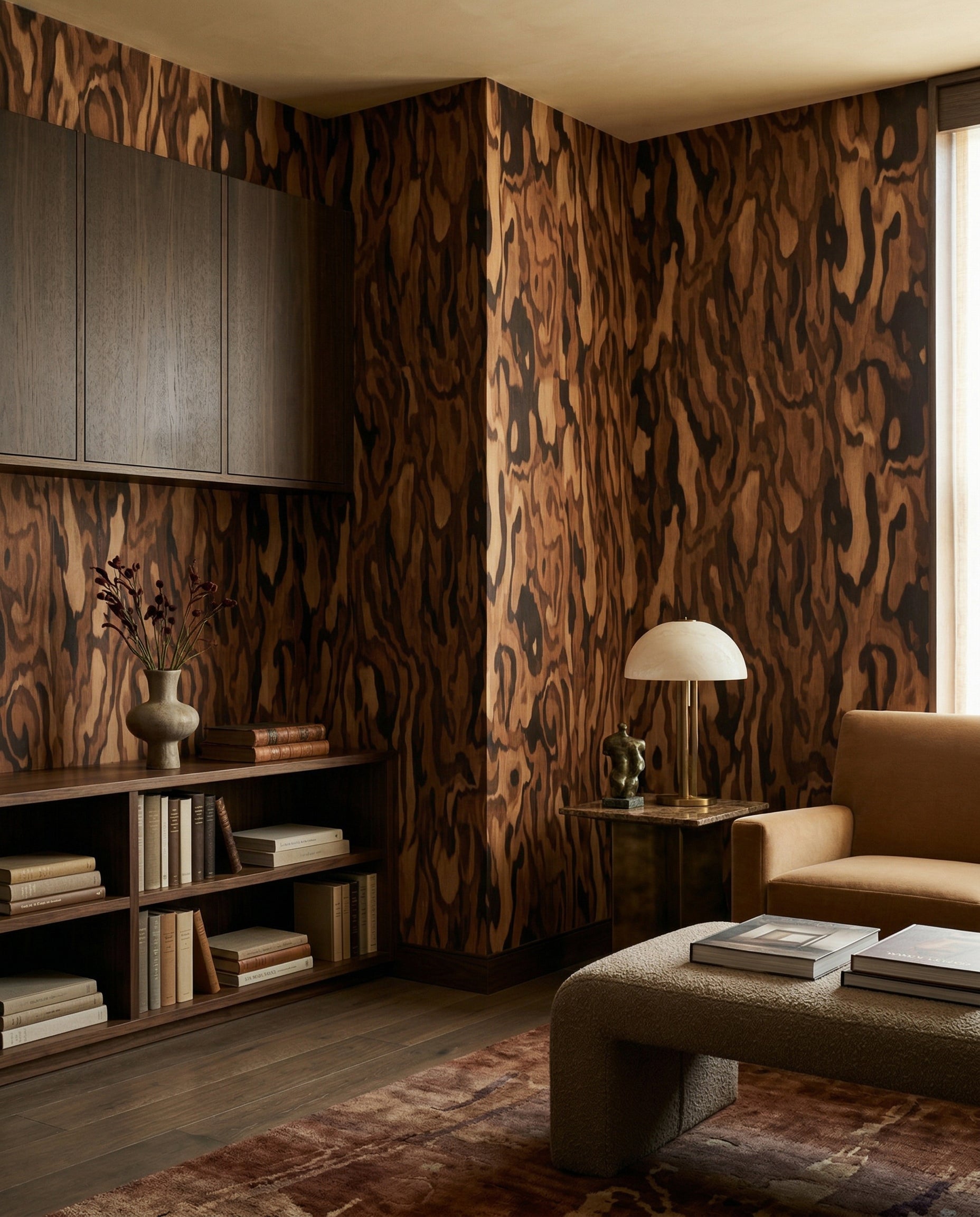 Ettore Walnut wall mural with flowing grain in a hallway interior., GD10374