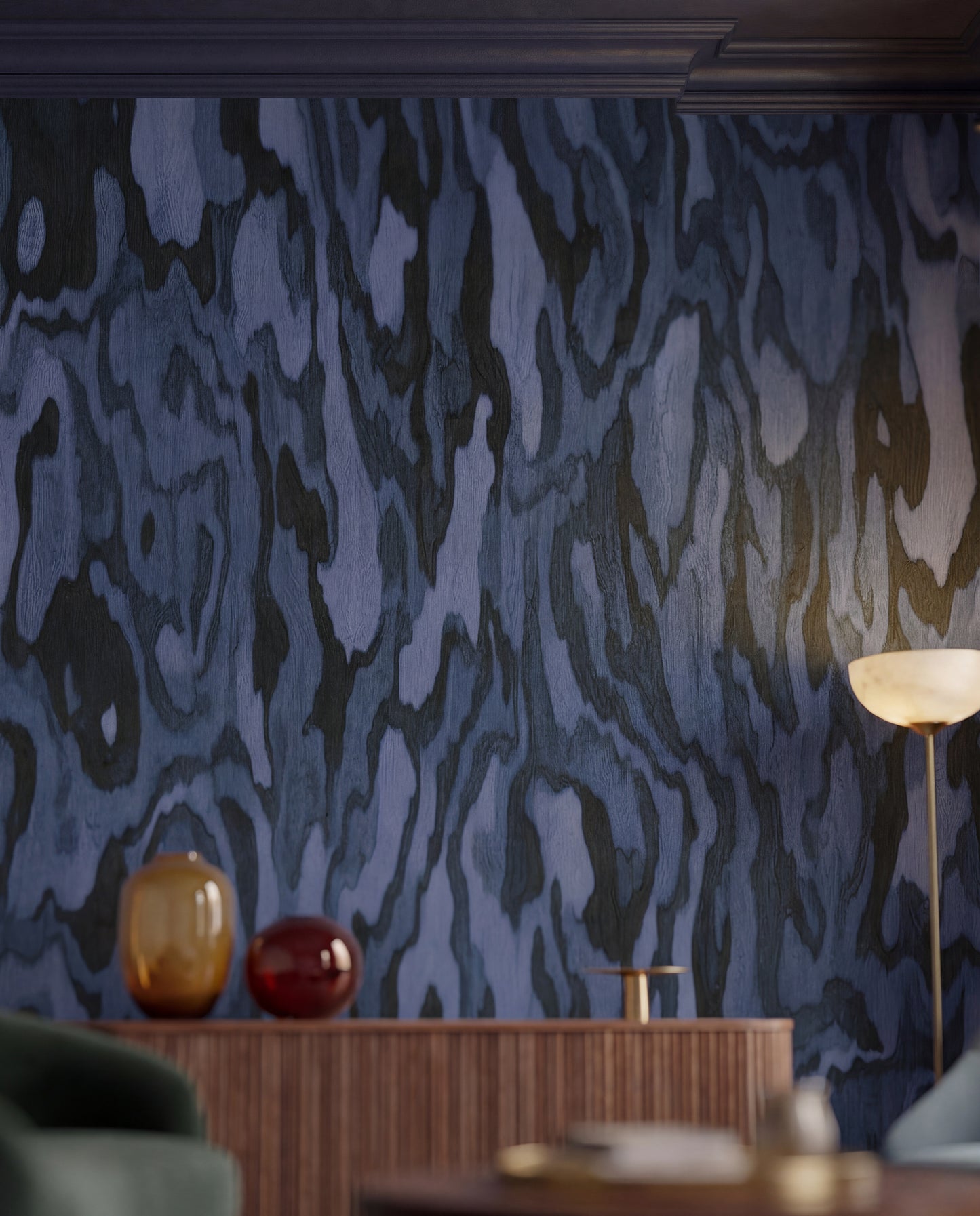 Navy blue swirling wood grain pattern wall mural with natural texture., GD10373