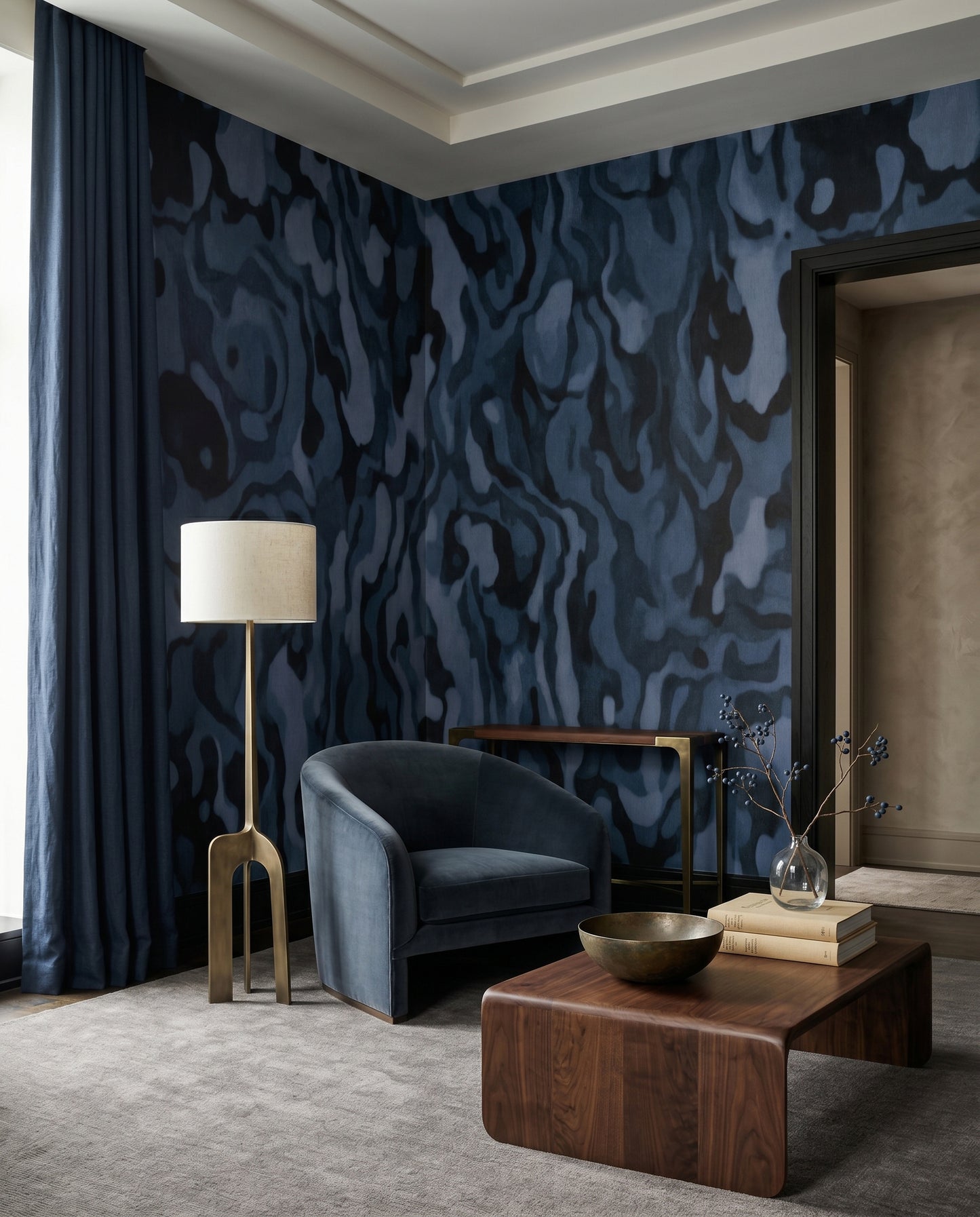 Cool toned flowing burl pattern wall mural in multiple blue shades., GD10373