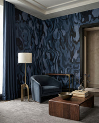 Cool toned flowing burl pattern wall mural in multiple blue shades., GD10373