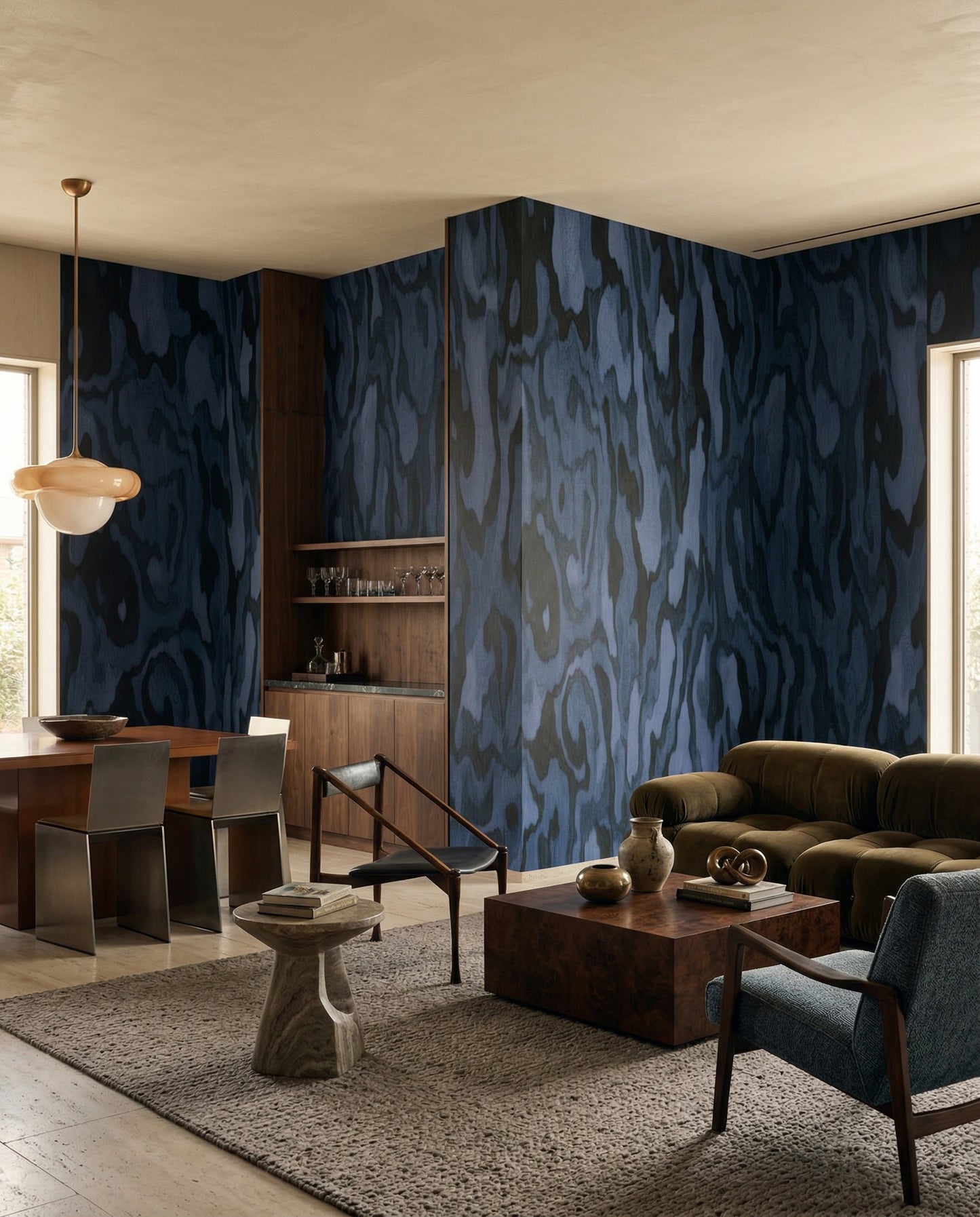 Deep blue organic burl mural with polished wood grain effect., GD10373