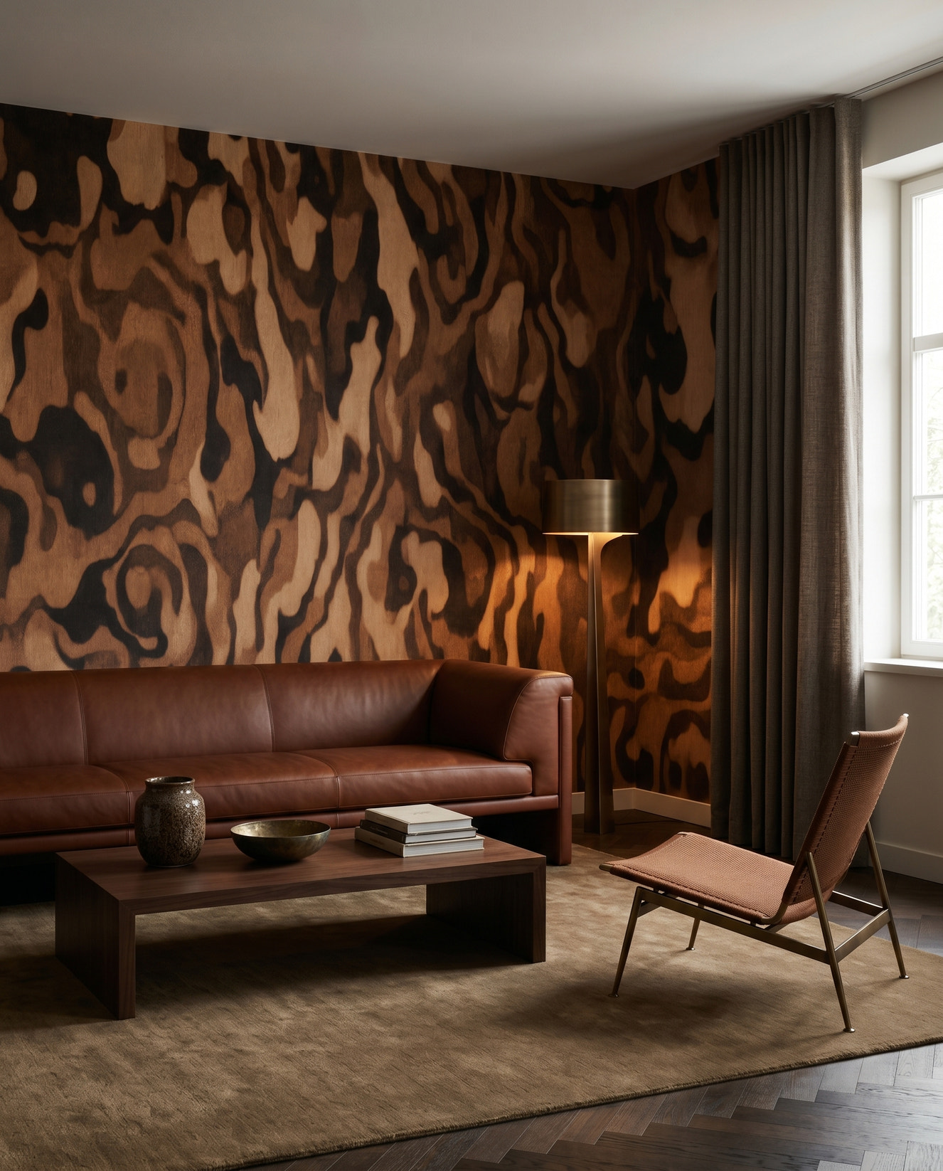 Ettore Grain mural with swirling wood pattern in a living room.