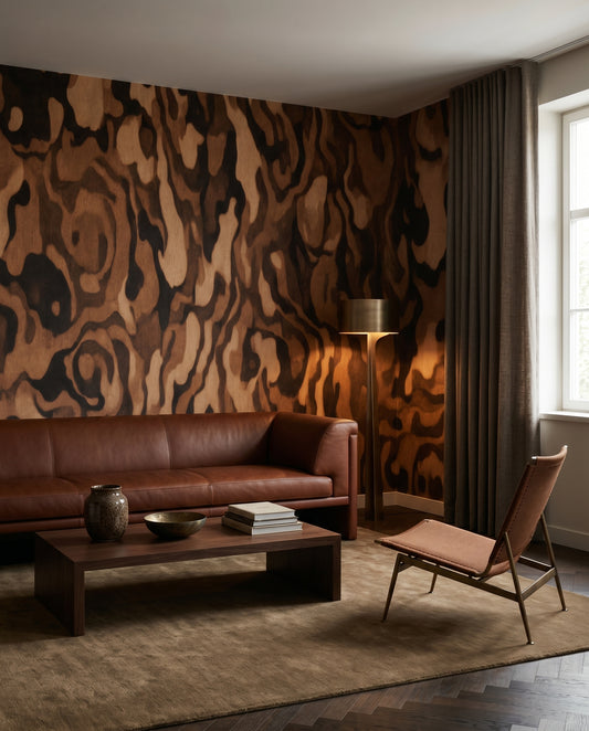 Ettore Grain mural with swirling wood pattern in a living room.