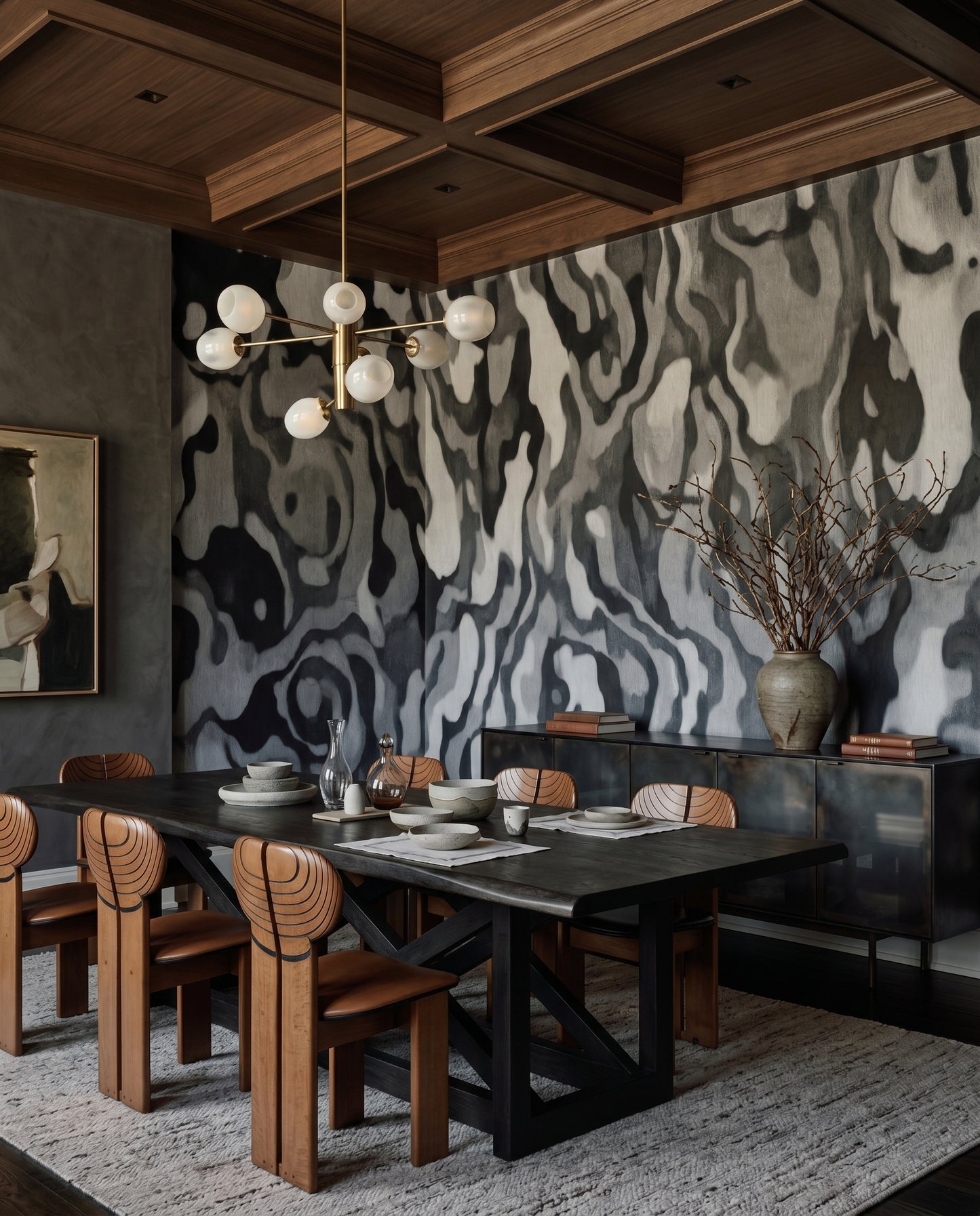 Textured monochrome wall mural with curved veins and brushstroke finish in dining room., GD10370