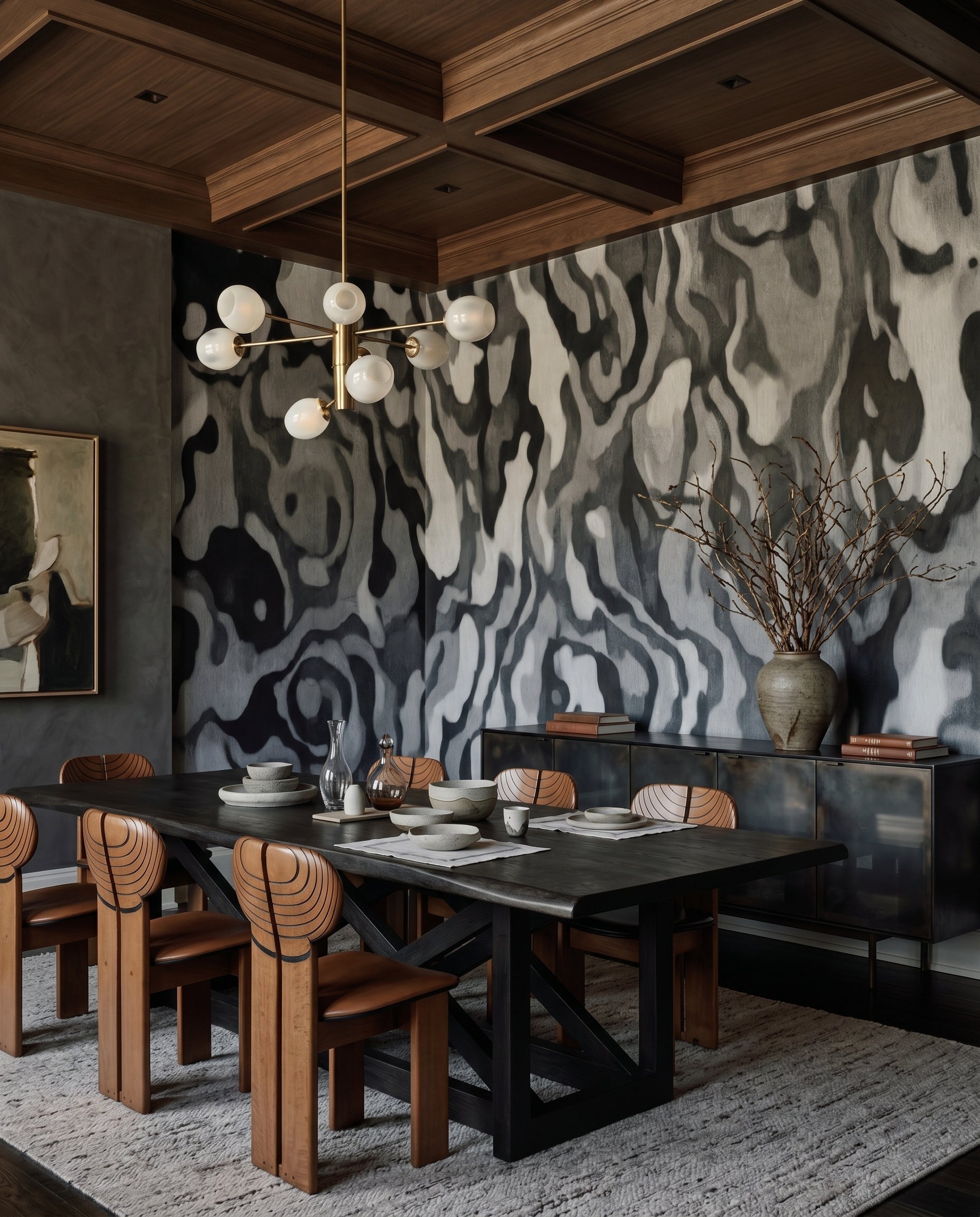 Textured monochrome wall mural with curved veins and brushstroke finish in dining room., GD10370