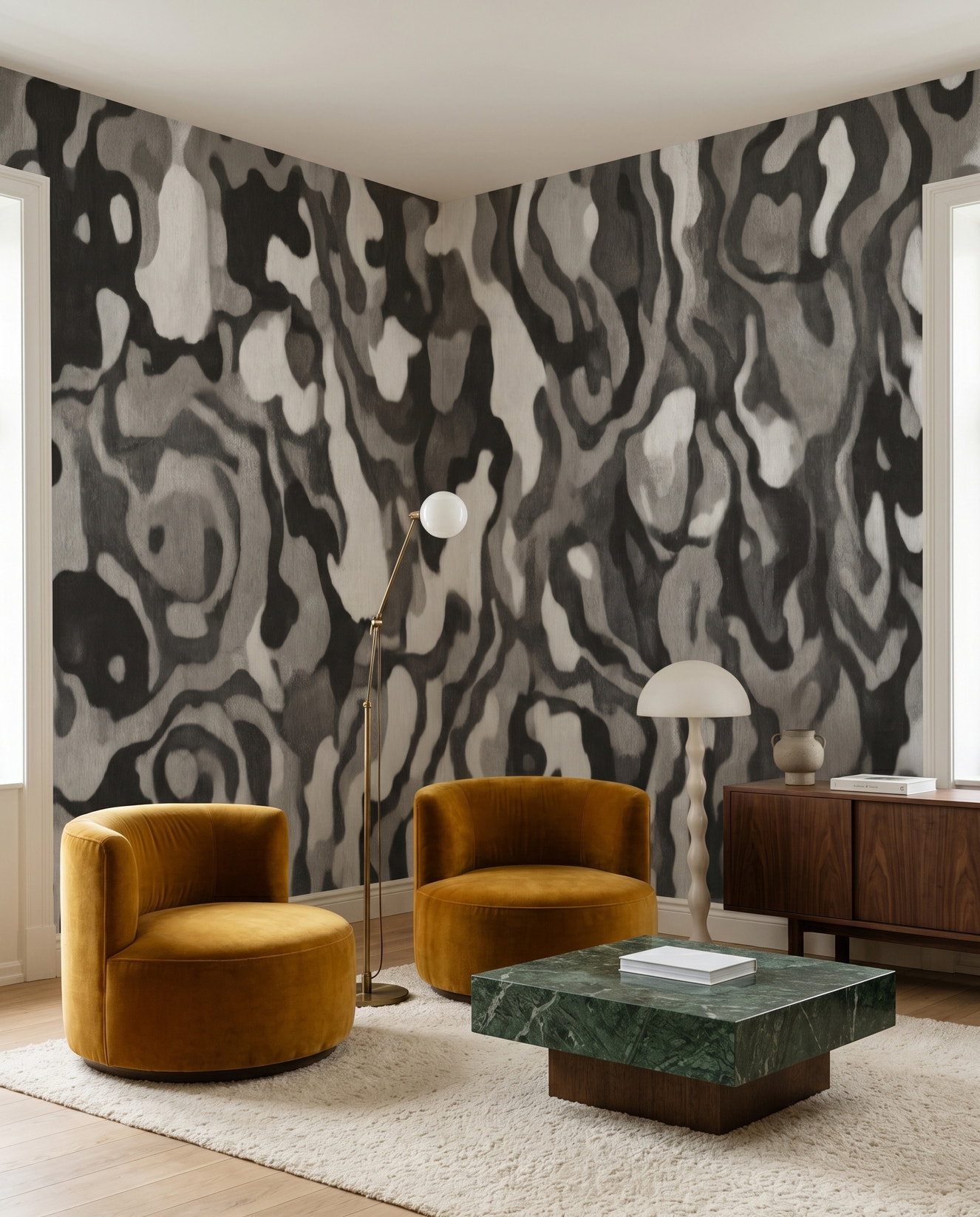 Black and grey abstract wall mural with layered tonal veined form.