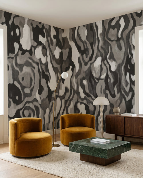 Black and grey abstract wall mural with layered tonal veined form., GD10370