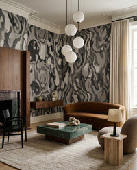 Dense fluid grey and charcoal wall mural with organic swirling movement., GD10370