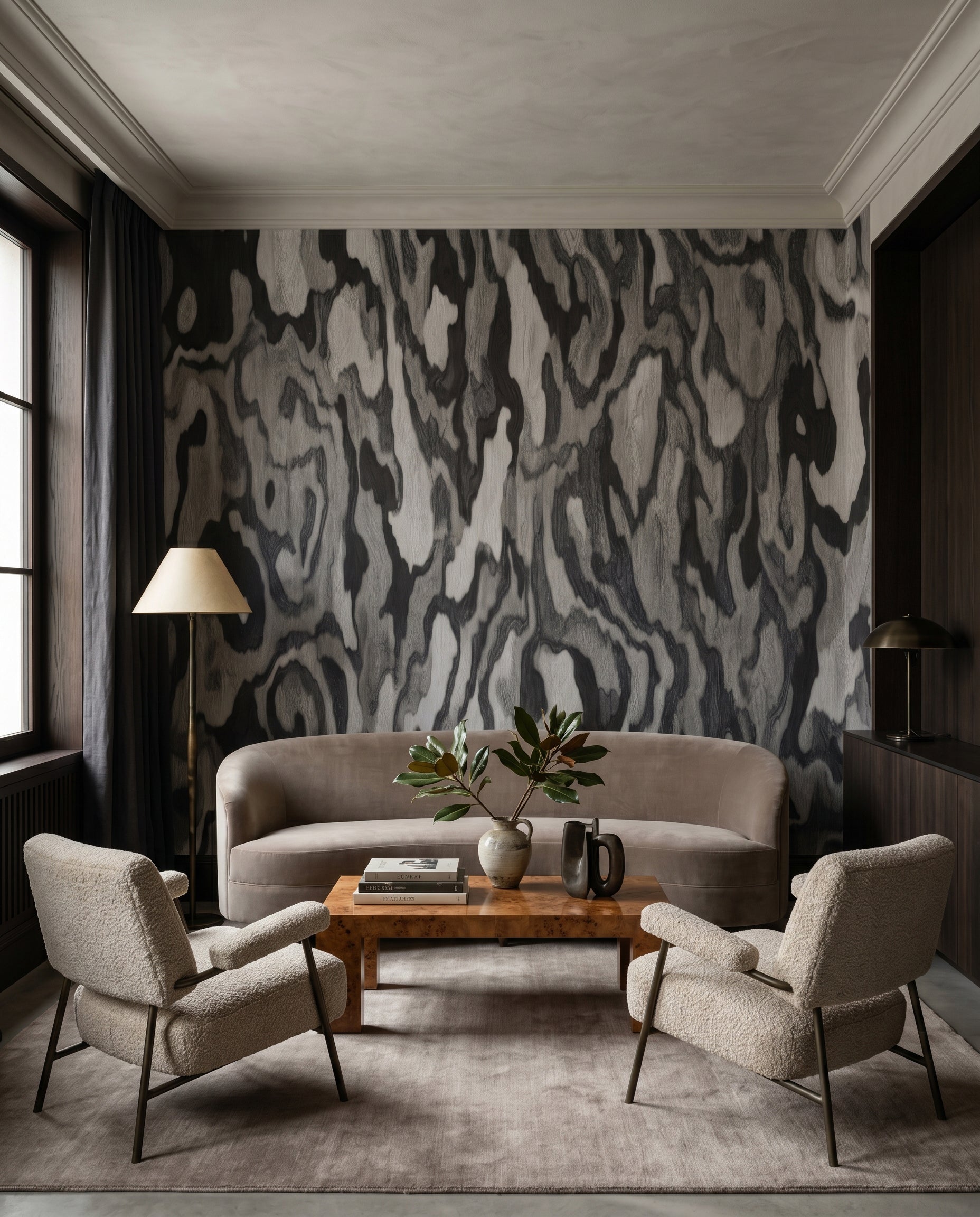 Charcoal and silver abstract wood root mural mural in gray texture tone., GD10372