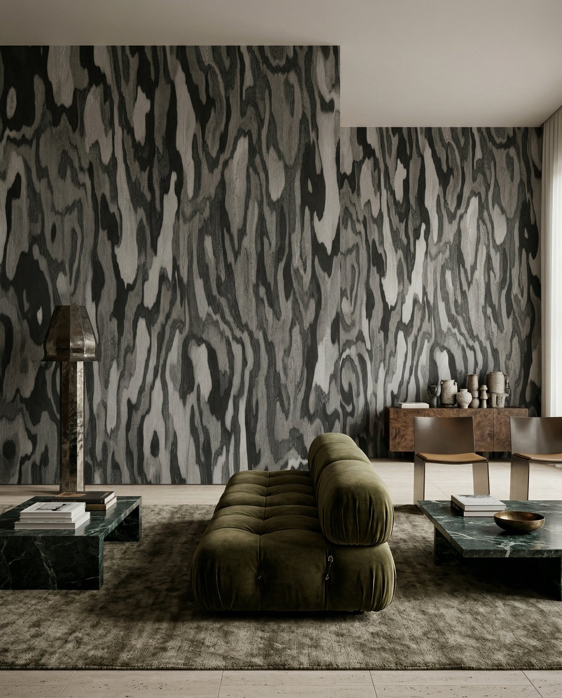 Dark grey organic root grain wall mural with natural tonal variation., GD10372