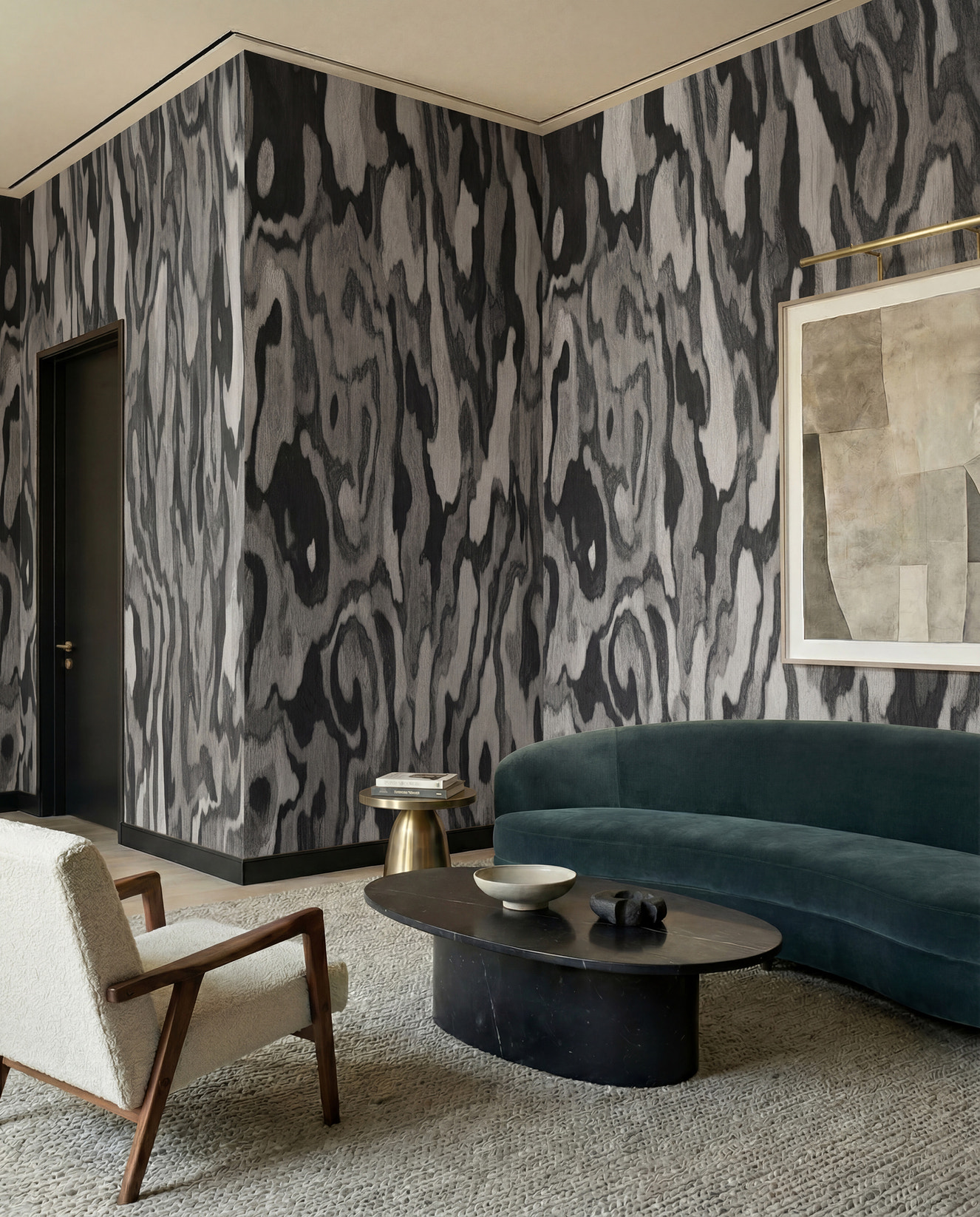 Ettore Root grey mural with swirling pattern in a living room.