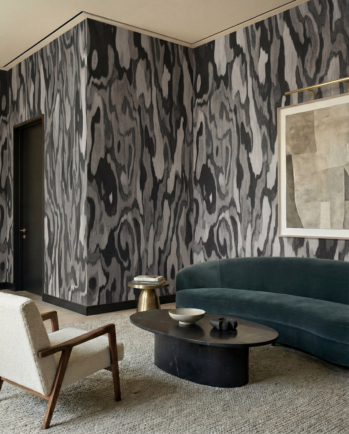 Ettore Root grey mural with swirling pattern in a living room., GD10372