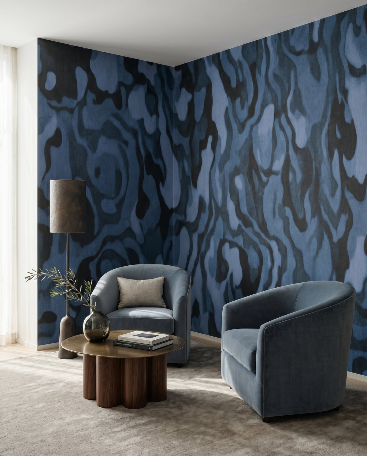 Abstract veined wall mural in deep navy black and slate blue painterly tones., GD10369