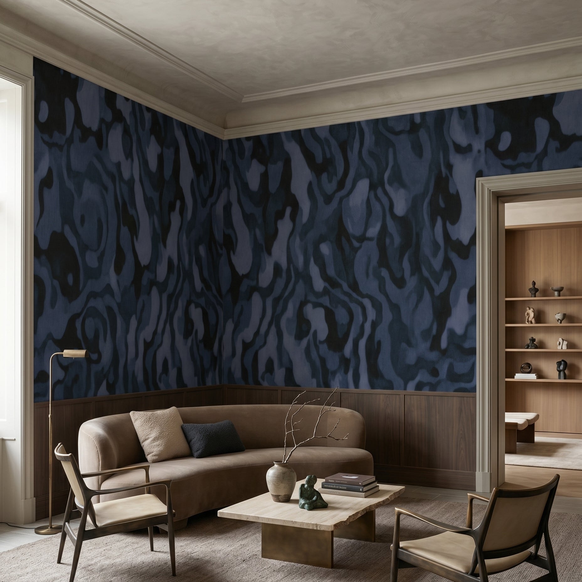 Moody dark blue wall mural with flowing marbled texture and tonal layers., GD10369