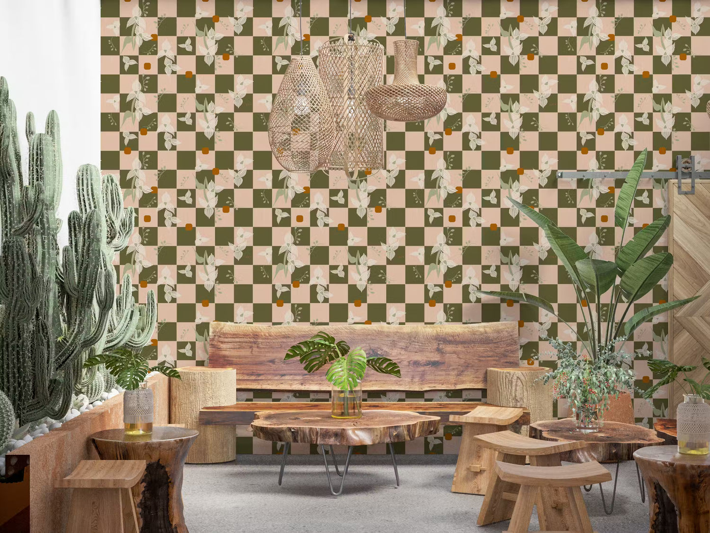 Olive Checker Floral Wallpaper Retro Boho Wallpaper⁠