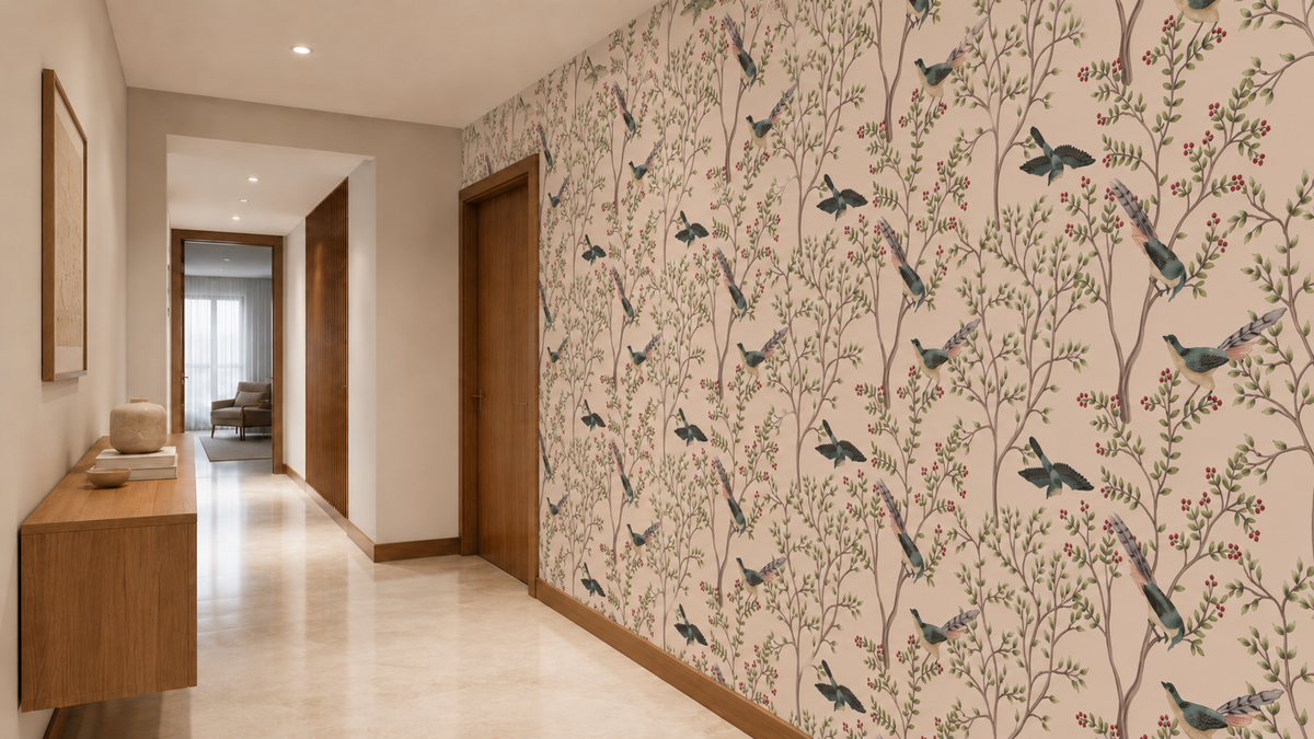 Light Pink Leaves and Bird Wallpaper Murals A675