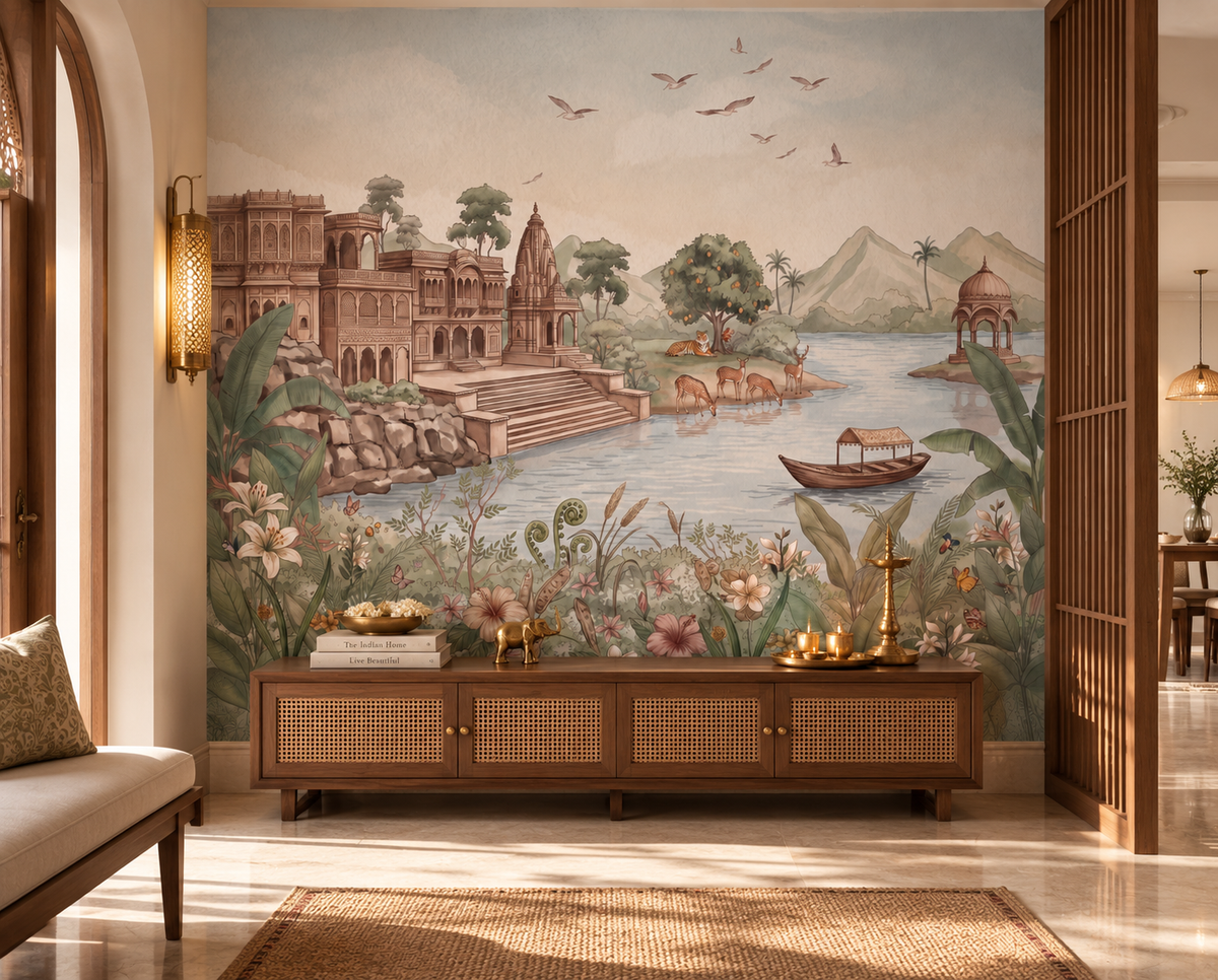 Haveli Ghat riverside palace landscape wall mural in a living room, GD13109