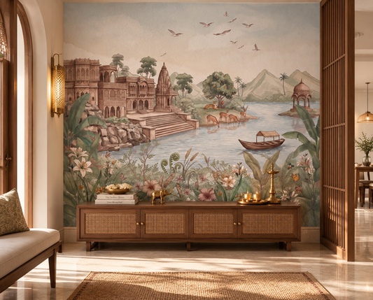 Haveli Ghat riverside palace landscape wall mural in a living room, GD13109