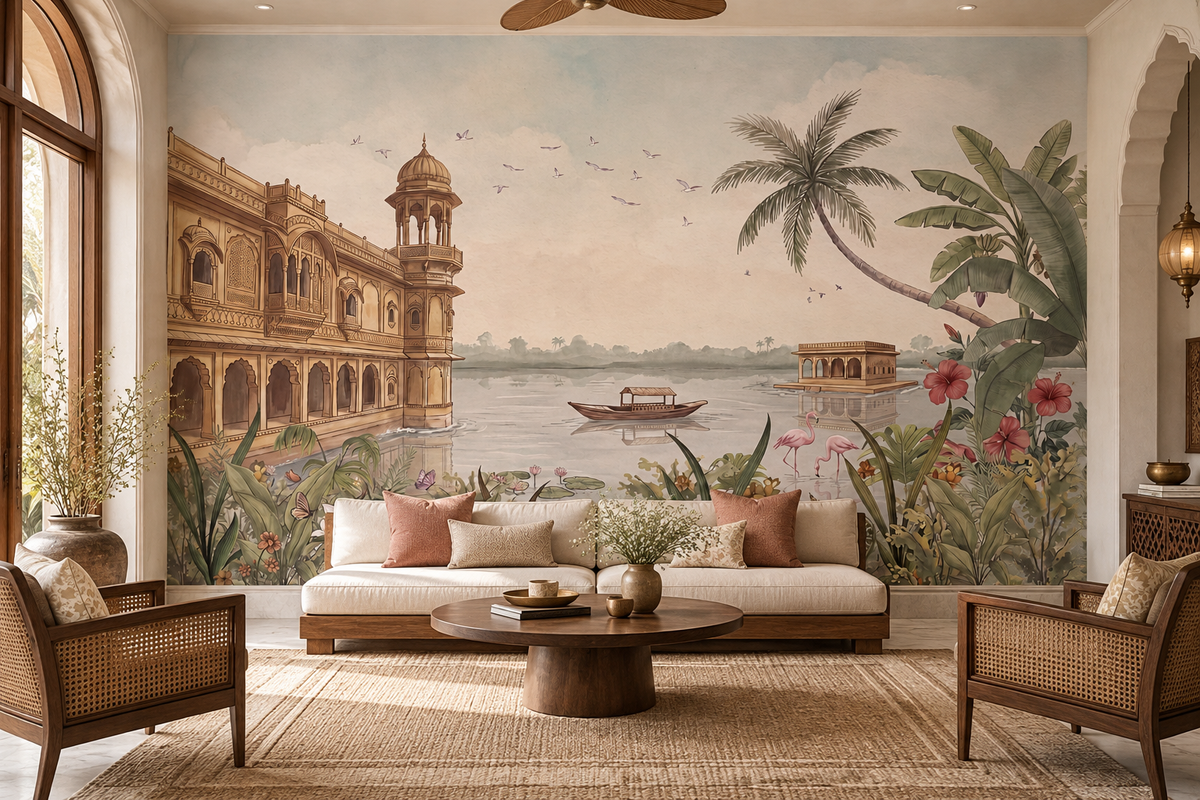 Jheel Mahal palace and lake landscape wall mural in a living room, GD13104