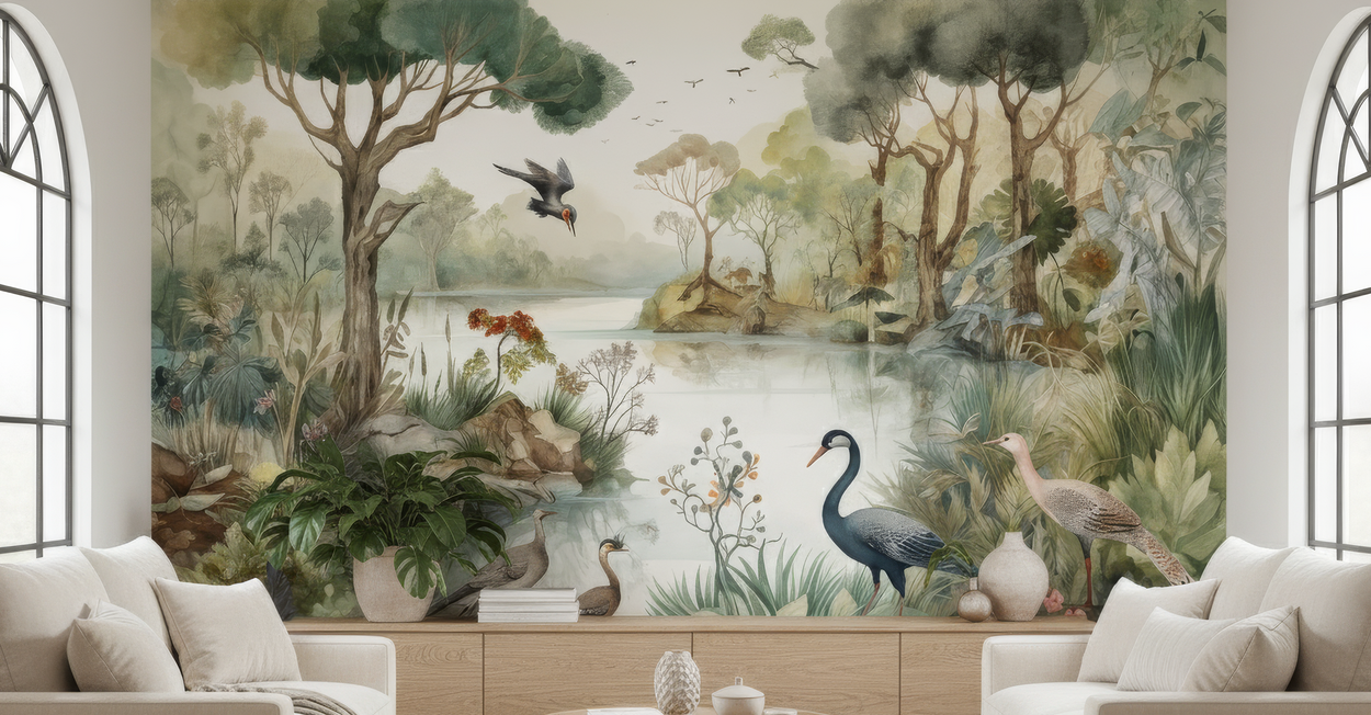 Lush forest mural with birds and nature elements in a living room setting.