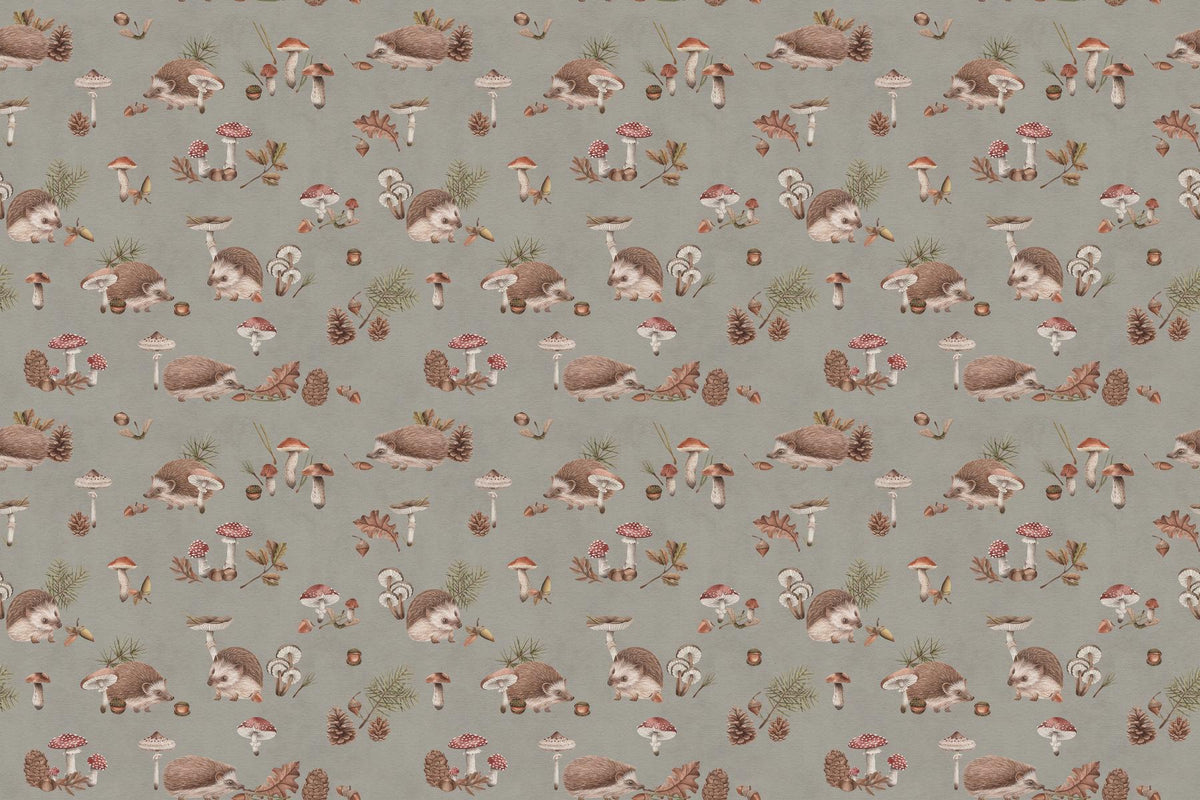 Hedgehog Forest Sage Green Wallpaper in your room — zoomed