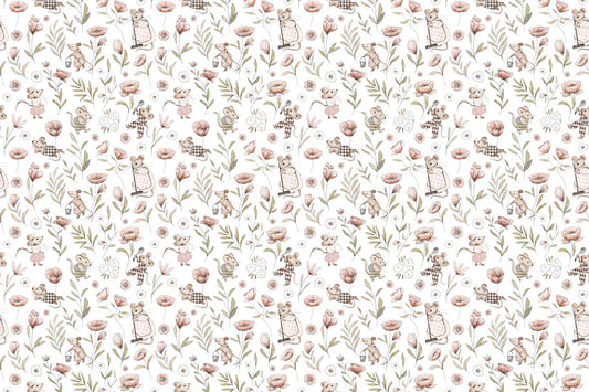 Whimsical Mice Floral Wallpaper