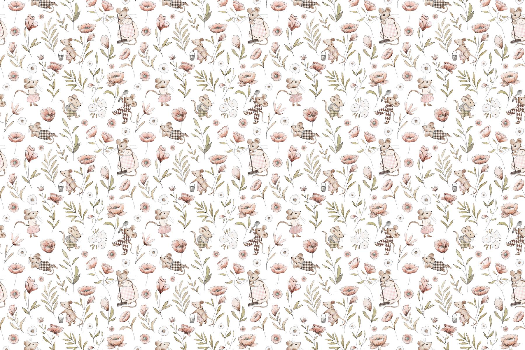 Whimsical Mice Floral Wallpaper