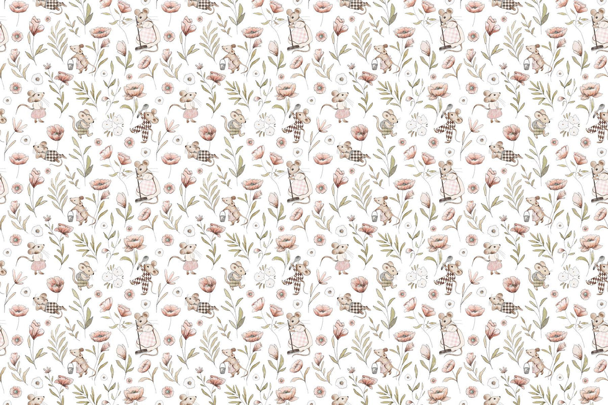 Whimsical Mice Floral Wallpaper in your room — zoomed