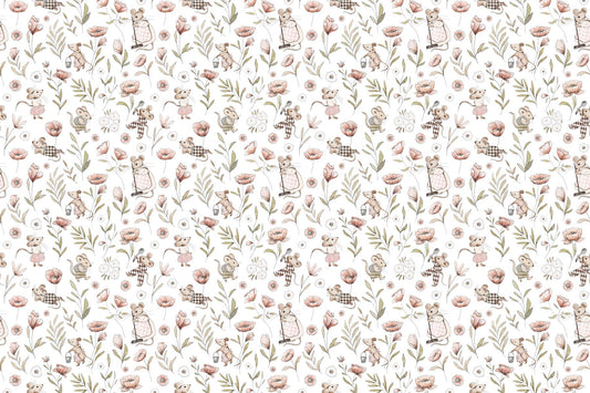 Whimsical Mice Floral Wallpaper