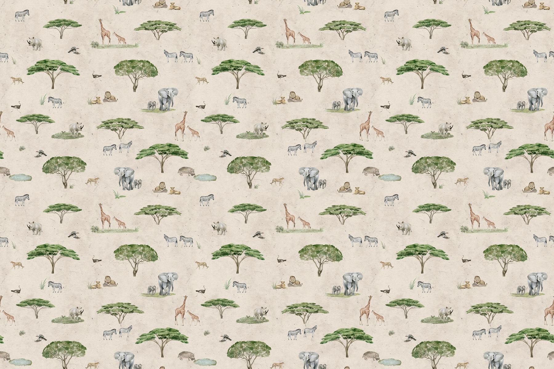 Beige African Savannah Wildlife Wallpaper