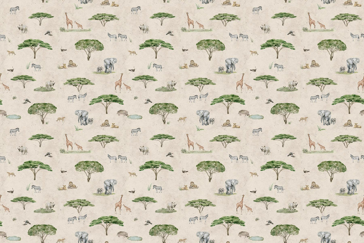 Beige African Savannah Wildlife Wallpaper in your room — zoomed