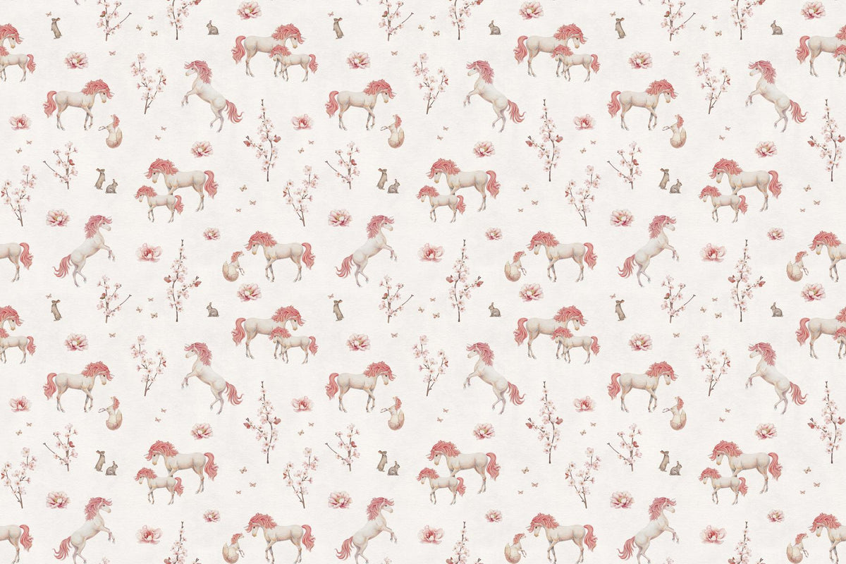 White Blush Unicorn Floral Wallpaper in your room — zoomed