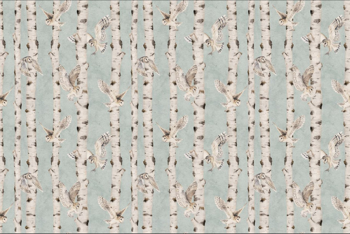 Owl Birch Forest Wallpaper - Blue