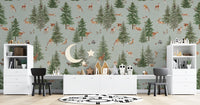 Scenic forest wallpaper with deer pattern
