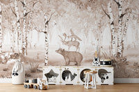 Brown bear king wallpaper with woodland animals and trees
