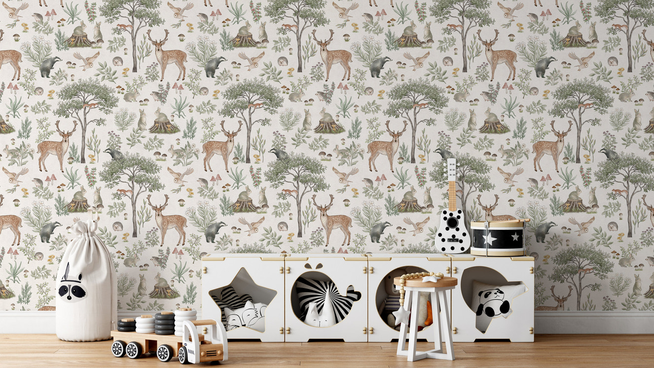 Storybook-style forest wallpaper print
