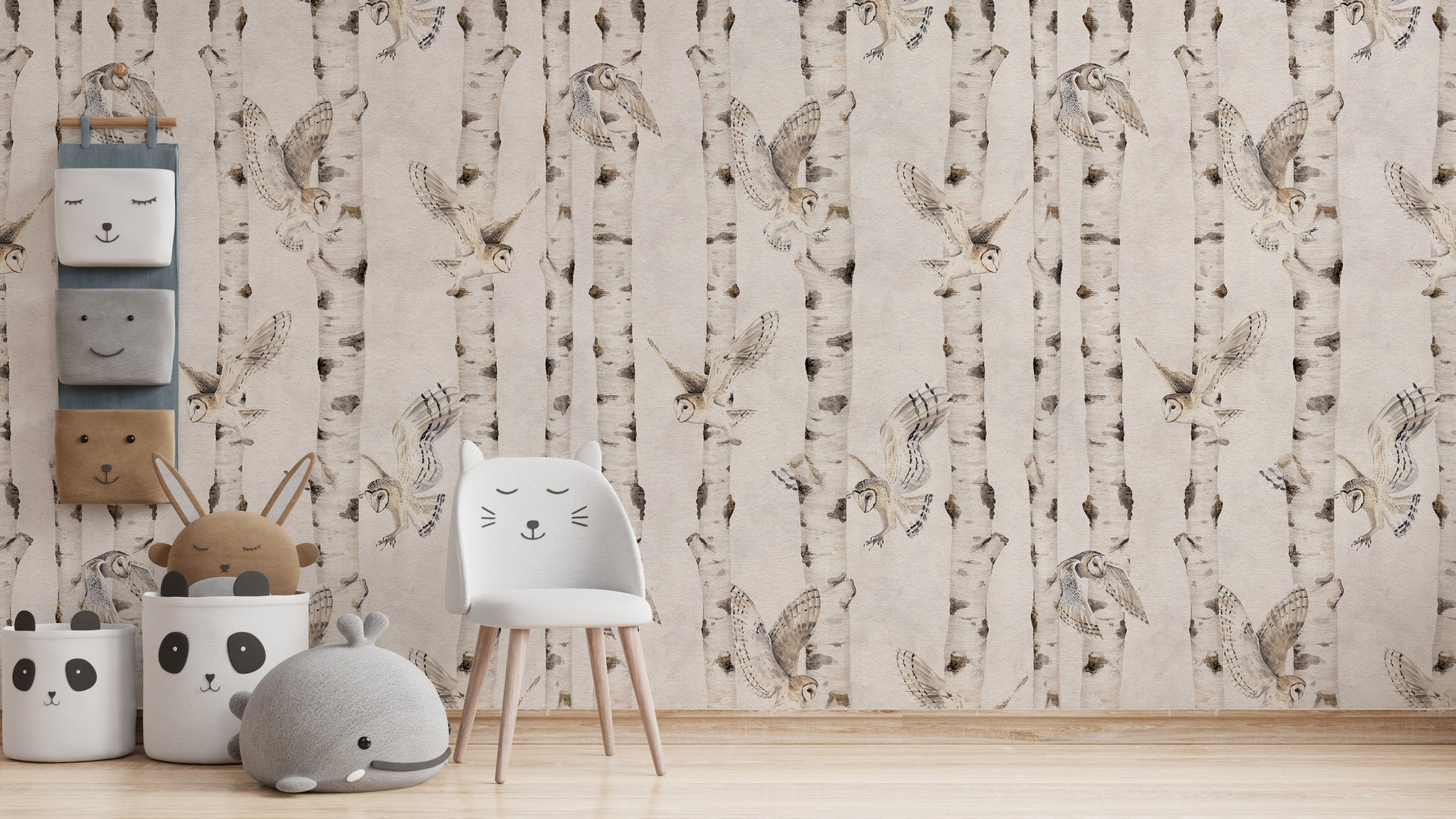 White birch tree mural with flying owls
