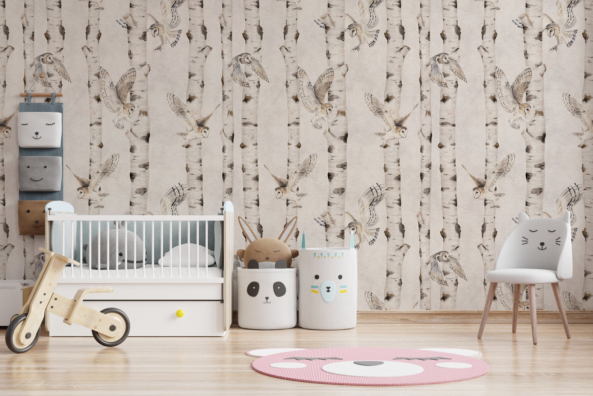 Scandinavian owl birch tree wall art
