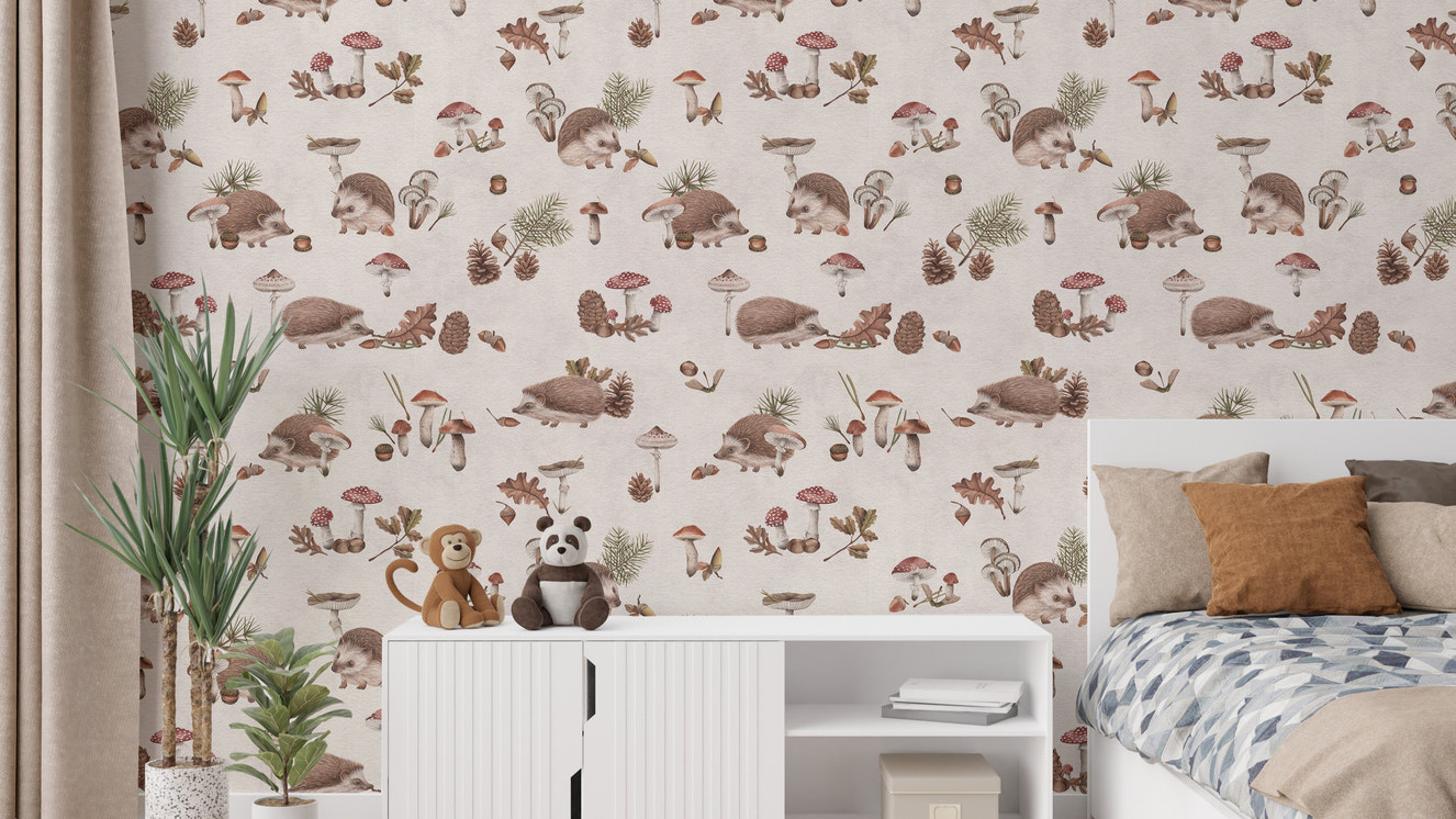 Rustic taupe woodland wallpaper for nursery
