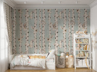 Blue birch tree wallpaper with owls
