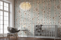 Woodland owl birch wallpaper in blue
